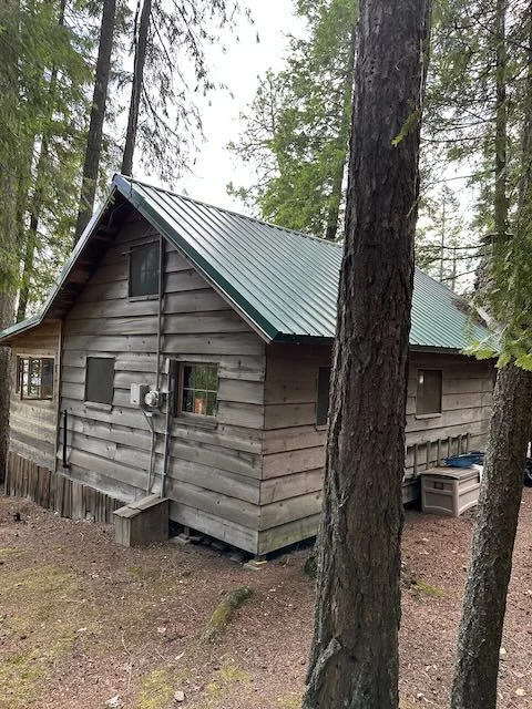 Weathered cedar side wall and green metal roof of the historic cabin