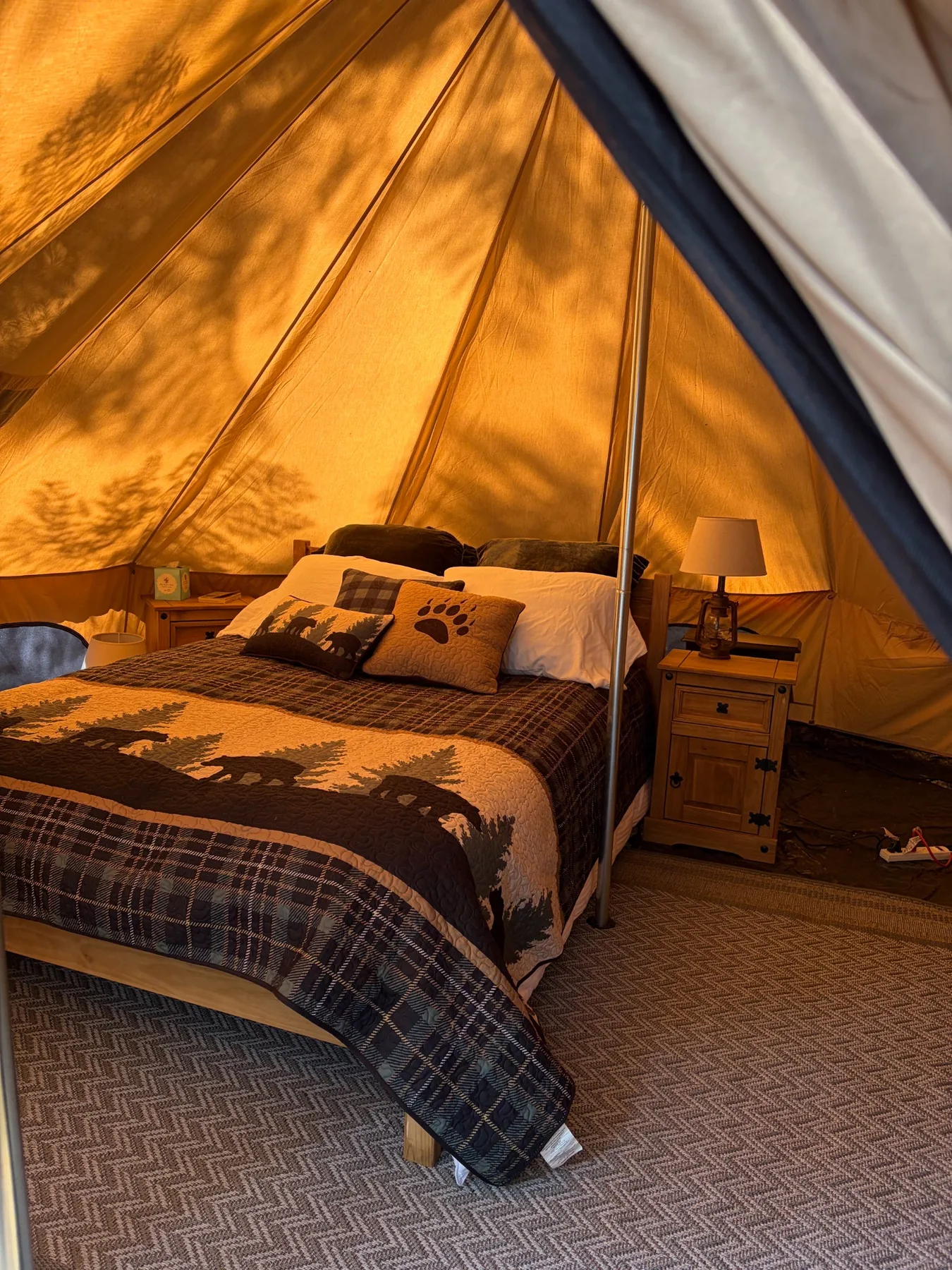 Wide view of the furnished tent interior